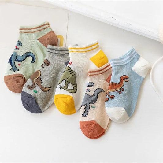 Boy's Dinosaur Pattern Socks 5 Pairs Comfortable Breathable Casual Kids Soft Socks with Eye Catching Design