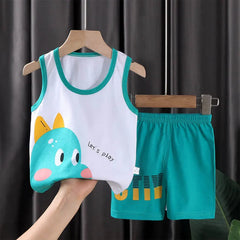 Comfortable Cotton Vest Set for Children Boys' Two-Piece Summer Outfits with Cartoon Wool Design Unisex Thin Style for 6-9 Months