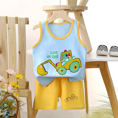 Comfortable Cotton Vest Set for Children Boys' Two-Piece Summer Outfits with Cartoon Wool Design Unisex Thin Style for 6-9 Months