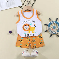 Comfortable Cotton Vest Set for Children Boys' Two-Piece Summer Outfits with Cartoon Wool Design Unisex Thin Style for 6-9 Months