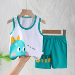 Comfortable Cotton Vest Set for Children Boys' Two-Piece Summer Outfits with Cartoon Wool Design Unisex Thin Style for 6-9 Months