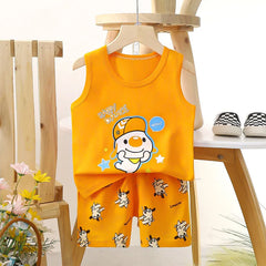 Comfortable Cotton Vest Set for Children Boys' Two-Piece Summer Outfits with Cartoon Wool Design Unisex Thin Style for 6-9 Months