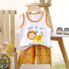 Comfortable Cotton Vest Set for Children Boys' Two-Piece Summer Outfits with Cartoon Wool Design Unisex Thin Style for 6-9 Months