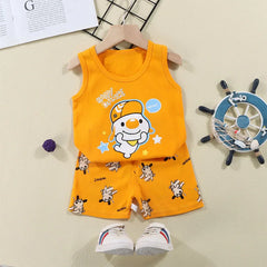 Comfortable Cotton Vest Set for Children Boys' Two-Piece Summer Outfits with Cartoon Wool Design Unisex Thin Style for 6-9 Months