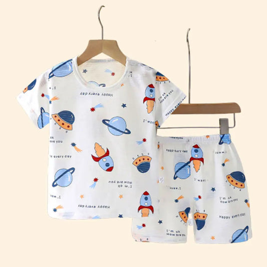 Children's Summer Home Sleepwear Set: Boy Girl T-shirt Shorts Cotton Materials for Kids Baby Care