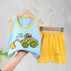 Comfortable Cotton Vest Set for Children Boys' Two-Piece Summer Outfits with Cartoon Wool Design Unisex Thin Style for 6-9 Months