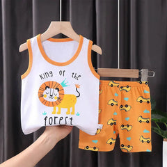 Comfortable Cotton Vest Set for Children Boys' Two-Piece Summer Outfits with Cartoon Wool Design Unisex Thin Style for 6-9 Months