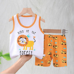 Comfortable Cotton Vest Set for Children Boys' Two-Piece Summer Outfits with Cartoon Wool Design Unisex Thin Style for 6-9 Months