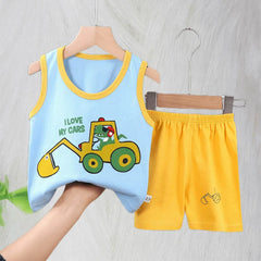 Comfortable Cotton Vest Set for Children Boys' Two-Piece Summer Outfits with Cartoon Wool Design Unisex Thin Style for 6-9 Months