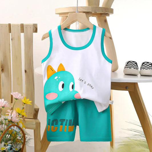 Comfortable Cotton Vest Set for Children Boys' Two-Piece Summer Outfits with Cartoon Wool Design Unisex Thin Style for 6-9 Months