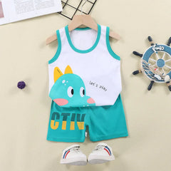 Comfortable Cotton Vest Set for Children Boys' Two-Piece Summer Outfits with Cartoon Wool Design Unisex Thin Style for 6-9 Months