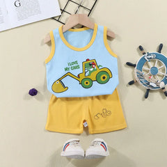 Comfortable Cotton Vest Set for Children Boys' Two-Piece Summer Outfits with Cartoon Wool Design Unisex Thin Style for 6-9 Months