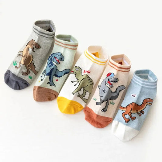 Boy's Dinosaur Pattern Socks 5 Pairs Comfortable Breathable Casual Kids Soft Socks with Eye Catching Design